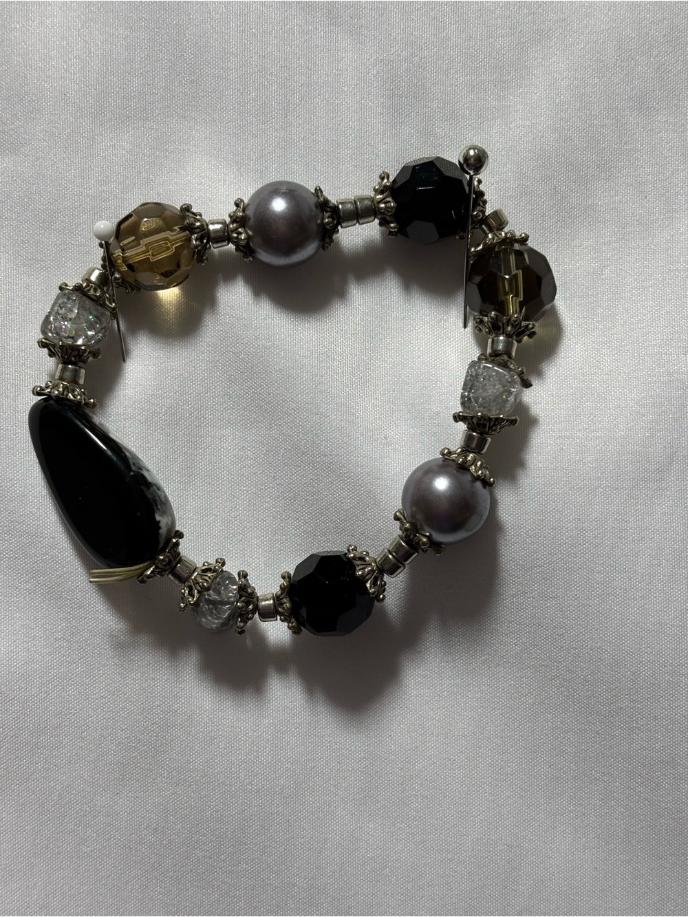 Vintage Multi-Bead Black & Gray Stretch Bracelet 8”.